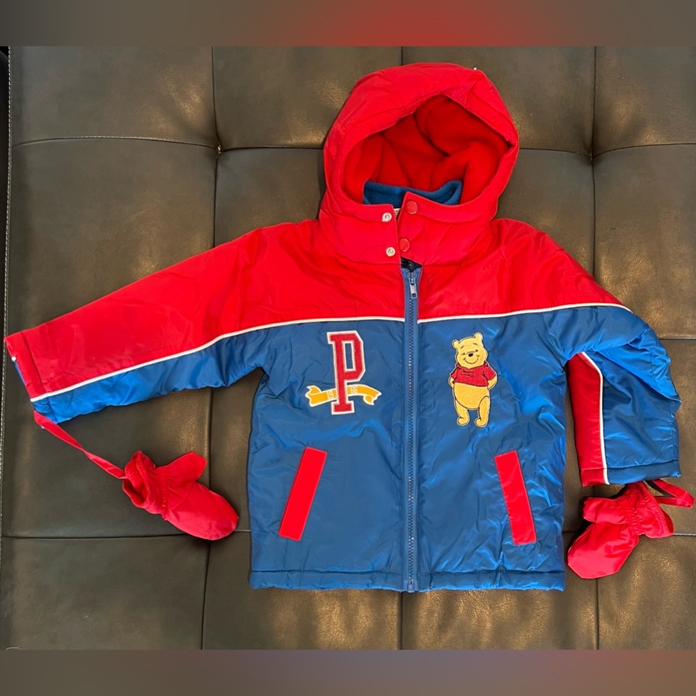 Baby DISNEY Pooh Puffer Jacket 24 Month attached Mittens ADORABLE